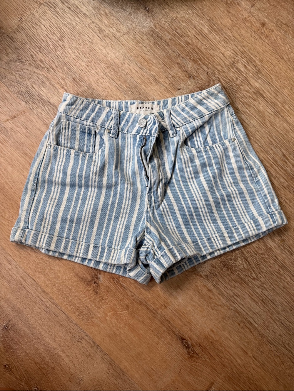 PacSun Light Blue & White Striped High-Rise Denim Shorts